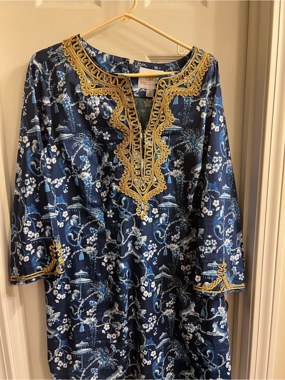 NicoBlu Floral Tunic Dress Sz 1X with Gold Trim Cotton Side Slits Retails @ $350